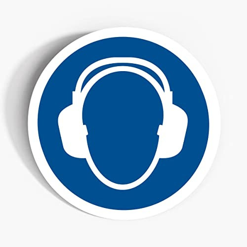 Set of 6 Wear hearing protection Mandatory Safety Signs - 56mm Waterproof Indoor/Outdoor Stickers - Office, Warehouse, PPE Site Safety Signs