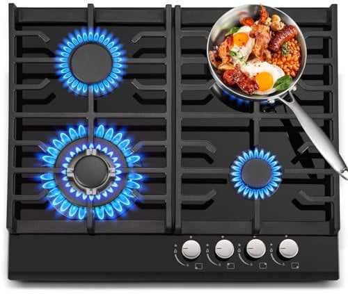 Gas Hob 4 burners, 60cm Black Glass Gas Hob, Built in Gas Cooktop with Cast Iron Supports, NG/LPG Convertible, Gas Hob Cooker with Flame Out Protection