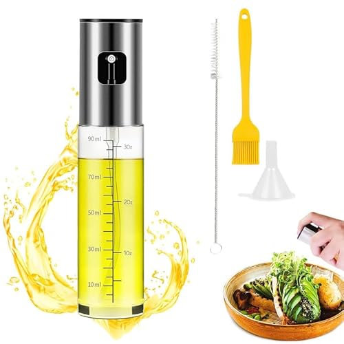 RZMZBY Öl Sprühflasche, 100ml Ölsprüher zum Kochen,Ölsprüher für die Küche,Olivenölsprüher Mit Reinigungsbürste, Grillbürste und Trichter für Salat, Grillen, Backen in der Küche