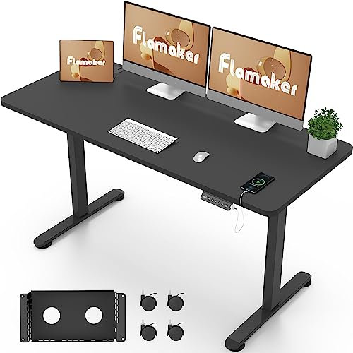 Flamaker Höhenverstellbarer Schreibtisch Ganze Tischplatte 140 x 60 cm Schreibtisch Höhenverstellbar Elektrisch mit Memory-Steuerung un Sitzende Erinnerung und USB-Aufladung (Schwarz)