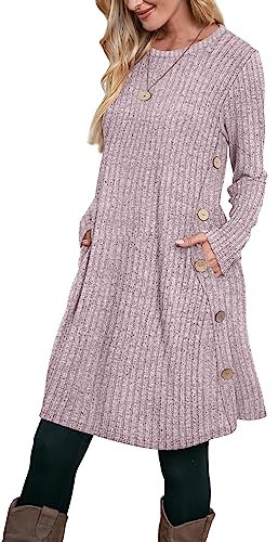 Aokosor Women's Long Sleeve Tunic Dress with Pockets and Side Buttons - Size 14-16 - Pink