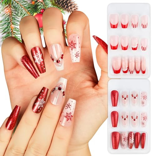 48pcs Faux Ongles de Noël, Faux Ongles Ballerine Longs,Motifs Flocons de Neige et Bonnet de Père Noël,Accessoires de Décoration d'ongles de Noël,Cadeaux pour Femmes et Filles