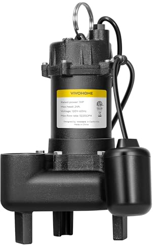 VIVOHOME 1 HP Submersible Cast Iron Sewage/Effluent Pump, 5220 GPH Float Switch Sump Pump with 2'' NPT Discharge for Basement, Septic Tank