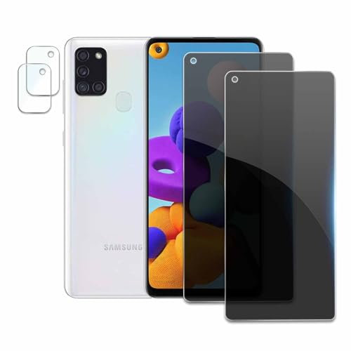 2 Stück Sichtschutz für Samsung Galaxy A21s mit 2 Stück Kameraschutz, Anti-Spähen Privatsphäre Schutzfolie,Anti-Spy Panzer Schutz Glas Folie, HD Blickschutzfolie, 9H Härte, Anti-Kratzer