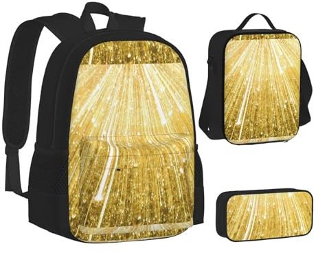 WURTON Juego de lonchera con mochila con estampado rosa de unicornios, bolsa escolar 3 en 1 y estuche a juego, Dorado (Gold Bling), talla única