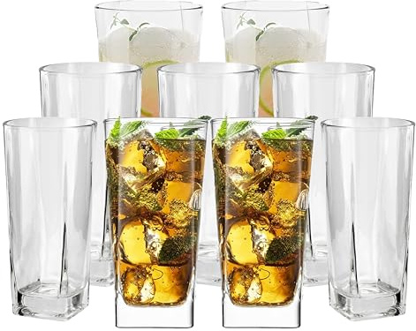 HOMESHOPA Tall High Ball Water Drinking Glasses Tumblers, 9 Pack 9oz Square Crystal Clear Hi Ball Gin Juice Cocktail Glassware Set, Half Pint Glass, Home, Restaurants & Parties, Dishwasher Safe