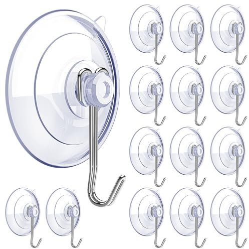 DSMY Ganci a ventosa, trasparenti, per decorazione di finestre in vetro, doccia, bagno, tazze riutilizzabili in PVC con ganci rimovibili in acciaio (15 pezzi, assortiti)