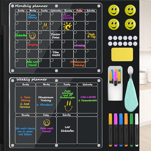 ELUBLU 2pcs Magnetische Abwischbare Kalender für Kühlschrank,40x30cm Monatsplaner Abwischbar+Wochenplaner Magnetisch,Transparent Magnetischer Kalender Kühlschrank,Planungstafeln
