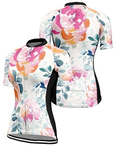 Hixingo Radtrikot Damen Kurzarm, Rosa Blumendruck Fahrradtrikot Atmungsaktive Rennrad Trikot Schnelltrocknend Radshirt Sport Elastische MTB T Shirt für Outdoor Cycling Jersey