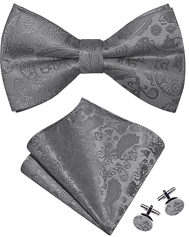 Gusleson Paisley Dark Grey Bow Tie and Pocket Square Set for Men Pre-Tied Bowties Cufflinks for Wedding (UK0497-02)