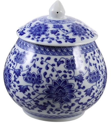 Amosfun Kitchen Ceramics Storage Jar with Lid, Chinese Blue White Porcelain Canister for Loose Tea Storage, Multi-usage Small Countertop Pot Jar - 14x15cm