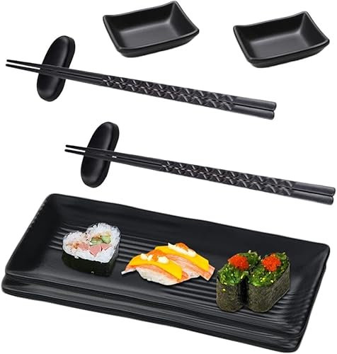Ruikcoll Sushi Plate with Dipping Bowls, Black, 2 Pairs Chopsticks + 2 Chopstick Rests, Melamine & Alloy, Formal/Elegant, Rectangular, Reusable, 9-10 inches