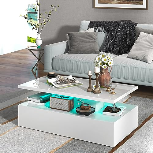 GOPLUS Couchtisch mit LED-Beleuchtung, Wohnzimmertisch mit Verstellbarer Lichtfarbe, Kaffeetisch Schwarz Hochglanz, Couchtisch mit Fernbedienung für Wohnzimmer (Weiß)
