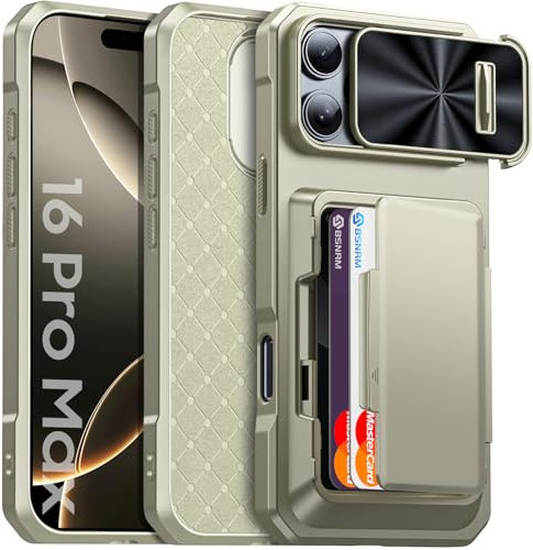 for iPhone 16 Pro Max Case Wallet, Bulit-in Card Holder(4 Cards),Towed Camera Covers, Military Grade Protection, Durable Kickstand Heavy Duty Shockproof Case for iPhone 16 Pro Max(Titanium Gold)
