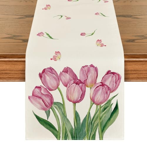 Artoid Mode Eukalyptus Tulpen Blumenvase Frühling Tischläufer, Sommer Saisonnal Küche Tisch Dekoration Drinnen Urlaub Party Dekor 40x180 cm