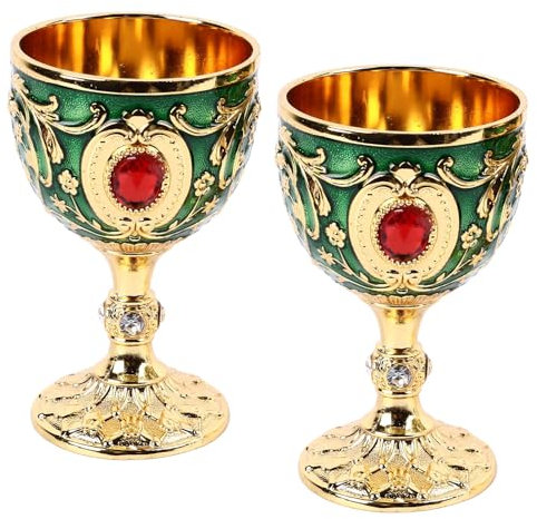 Jwthee Gobelet à calice vintage, 2 pièces, gobelet médiéval vintage, gobelets rétro, calices royaux, tasse à vin, gobelet à vin vintage, tasses à vin en métal, tasses de communion (Green)