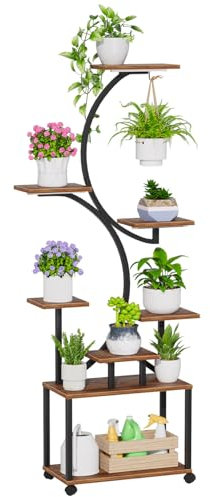 qorkhogr Plant Stand Indoor with 3 Grow Light,8-Tiered Metal Plant Shelf,61 Tall Plant Stand for Multiple Indoor Plants Tree-Shaped Display Rack Corner Plant Flower Holder with Wheels Brown