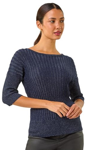 Roman Shimmer Ribbed Batwing Knit Jumper for Women UK - Ladies Autumn Everyday Winter Holiday Slash Neckline Comfy 3/4 Sleeve Soft Metallic Fabric Top Office Desk Sweaters - Midnight Blue - Size 18