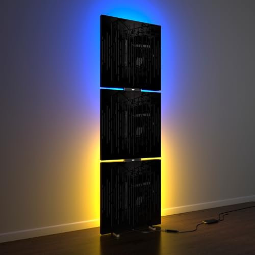 Pack de 3 paneles acústicos WAVE con soporte de lámpara de pie RGB | 150×50×5cm | Soporte móvil LED con retroiluminación | Absorción y difusión del sonido | Color de la placa: Plástico negro