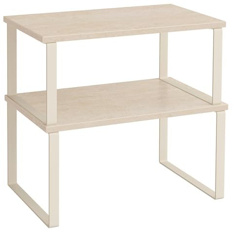 SONGMICS Estante para Especias, Juego de 2, Organizador de Armario, Estante de Almacenamiento de Cocina Extensible, Especiero de Metal y Madera, Beige Travertino y Blanco Crema KCS020L01