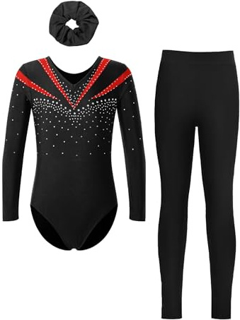 Jydiazi Kinder Mädchen Gymnastikanzug Langarm Mit Hose Lang Glitzer Turn Trikot Leggings Haargummi/Top 3er Tanzkleidung Set Rot&Schwarz&Haargummi 122-128