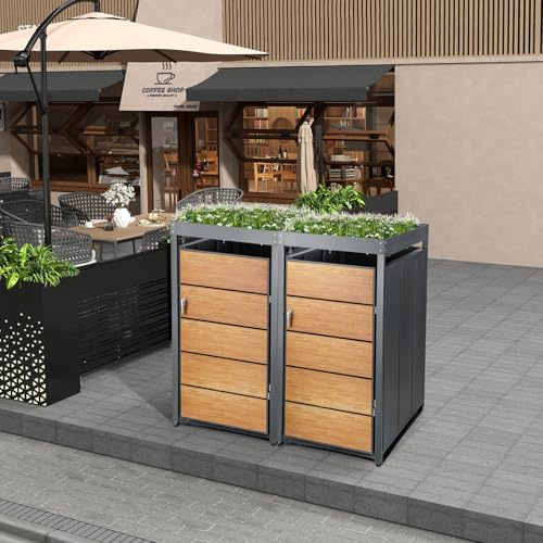 Youyijia Mülltonnenbox für 240L Tonnen – Mülltonnenverkleidung abschließbar & wetterfest – Müllbox Tonnenhaus Abfallbox Abfallbehälter für Garten & Einfahrt (Holzdesign mit Pflanzdach, 2 Tonnen)