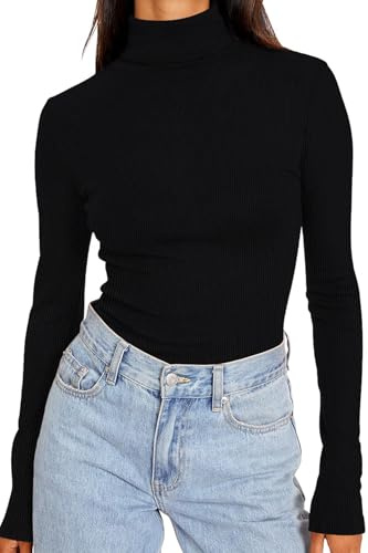 DUOEASE Top Mujer Básico Sólido Cuello Alto Camiseta Manga Larga Mujer Otono Invierno Slim Fit Elegantes Camisetas