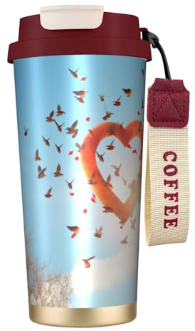 Bird Love Heart Art Print Insulated Travel Coffee Mug With Lid,Leak-Proof To Go Coffee Cup, For Hot Cold Drinks