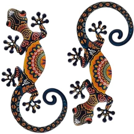 Dickly 2 Stück Metall Wanddekoration Gecko-Wandkunst, Gartendekoration Metall-Wanddekoration, hängende Skulptur für den Außenbereich, Gecko-Dekoration für Haus, Garten, Zaun, Terrasse, Hof, Braun