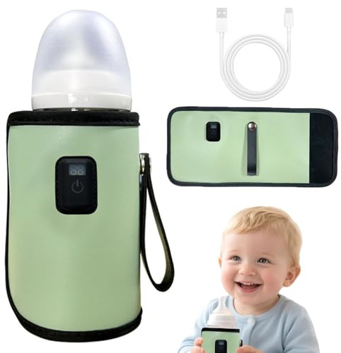 Flaschenwärmer Baby Unterwegs Tragbarer Flaschenwärmer Unterwegs mit LCD-Display USB-Ladung Babyflaschenwärmer 7 Einstellbare Temperatur 38-56℃ Tragbarer Bottle Warmer für Reisen und Picknick (Grün)