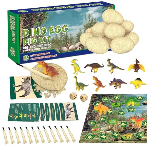 Dinosaurier-Eier-Grab-Set, Dinosaurier-Eier, Ausgrabungs-Set mit Spielmatte, Lernkarten für Ostereier, wissenschaftliche Aktivitäten, Geburtstagsparty, 12-teilig