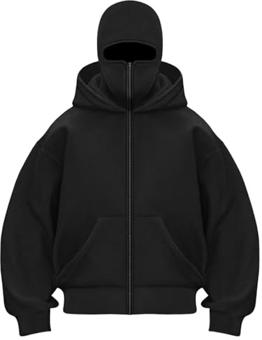 Zhden Balaclava Hoodie Herren Damen Ninja Kapuzenpullover mit Sturmhaube Oversized Mask Jacke mit 1/4 Zip Doppel Kapuze Einfarbig Y2K Hoodie mit Fleece Winddichte Übergangsjacke Motor Fahrrad