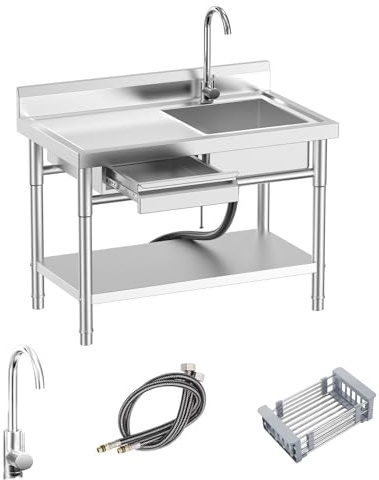 RiveraSink Edelstahl Spültisch mit Arbeitsplatte – Freistehende Gastro-Spüle mit Schublade, Unterablage & 360° Wasserhahn, Warm- und Kaltwasseranschluss für Restaurant, Café, Küche, Garten, Waschküche