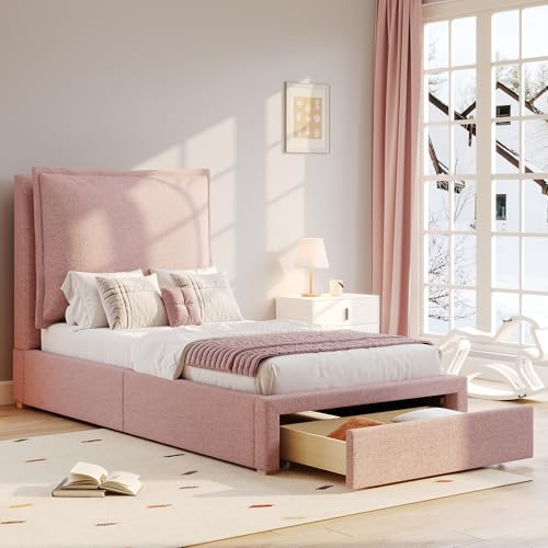 Merax Polsterbett Kinderbett 90x200 cm Einzelbett mit großem Stauraum – Funktionsbett mit Schublade, Lattenrost, ergonomischem & gepolstertem Kopfteil, Chenille Stoff, rosa,Ohne Matratze