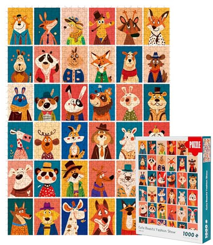 Jigsaw Puzzles for Adults 1000 Pieces – Cute Beasts' Fashion Show, Challenging & Whimsical 1000 Piece Jigsaw Puzzles for Adults, Fox Deer Bear Dog Rabbit Unicor Panda Animal Puzzle
