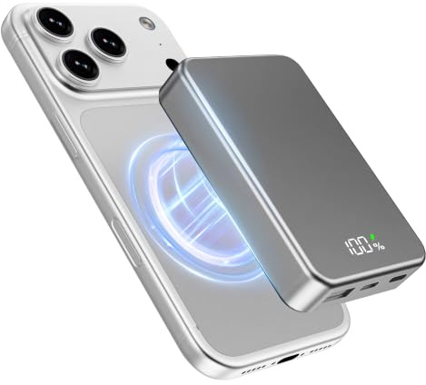 Magnetische Wireless Powerbank 26800mAh für Magsafe Power Bank Tragbares Ladegerät 20W PD Aluminiumlegierung USB-C Schnellladen Kompatibel mit iPhone 17 Pro Max/16/15/14/13/12 Serie -Silbergrau