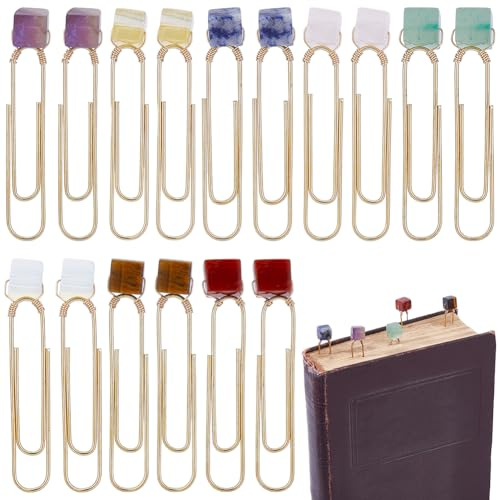CRASPIRE 16Pcs Stone Paper Clips 8 Styles Beaded Bookmark Mixed Natural Gemstone Paperclip Gold Planner Clip Diary Calendar Office School Notebook Scrapbooks Teacher Stationery Study Journaling Marker