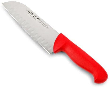 Arcos Couteau Santoku Alvéoles Acier Inoxydable 18 cm pour Viande, Poisson et Légumes - Manche Polypropylène Rouge - Série 2900