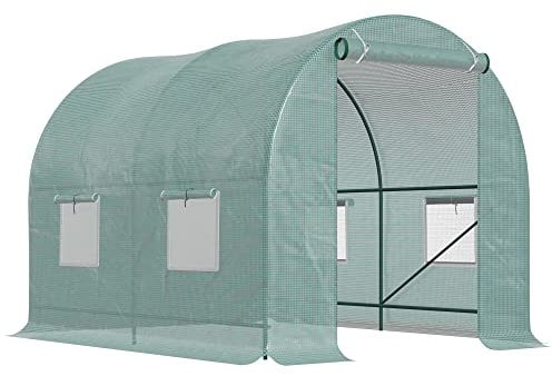 Outsunny Reinforced Walk In Polytunnel Greenhouse with Roll Up Door, Galvanised Steel Frame and Zipped Door Windows (2 x 2.5m), Green