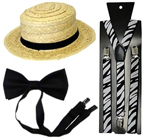 21Fashion Erwachsene Zebra Hosenträger Strohhut Schwarz Fliege Set Barbershop Fancy Party Accessoire Einheitsgröße