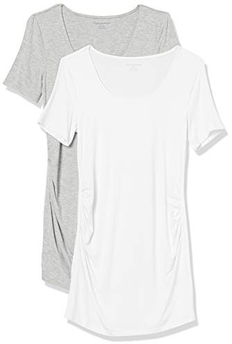 Amazon Essentials T-Shirt con Scollo Rotondo e Arricciatura a Maniche Corte Premaman Donna, Pacco da 2, Grigio Chiaro Puntinato/Bianco, S