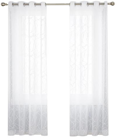 Deconovo Voile Vorhang Leinenoptik Ösenvorhang Transparent Dekoschal mit Stickerei Linie, 245x140 cm(HöhexBreite), Weiß, 2er Set