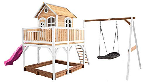 AXI Spielhaus Liam mit Sandkasten, Nestschaukel & lila Rutsche | Stelzenhaus XXL in Braun & Weiß aus FSC Holz für Kinder | Spielturm mit Wellenrutsche & Schaukel für den Garten