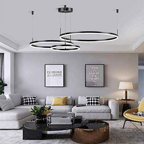 FUMIMID LED Pendellampe Wohnzimmerlampe Pendelleuchte Dimmbar Mit Fernbedienung Kronleuchter Moderne Esstischlampe Aluminium Runde Acryl Beleuchtung Deckenleuchte,Schwarz,3laps30+50+70cm