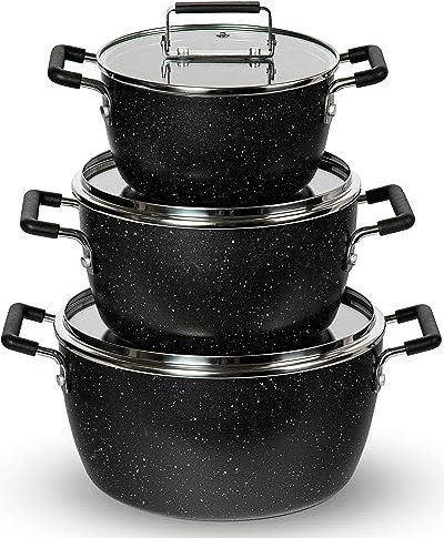 Granitestone Black Pots and Pans Set Nonstick, 6 Stackable Piece Cooking Pots Set, Kitchen Pots, Non Stick Coating, 5qt 3qt & 1.5qt Pots with Lids, Stay Cool Handles Dishwasher Safe 100% Toxin Free