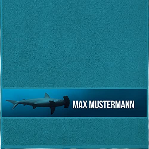 Manutextur Handtuch mit Namen - personalisiert - Motiv Hammerhai - viele Farben & Motive - Dusch-Handtuch - Petrol - Größe 50x100 cm - persönliches Geschenk mit Wunsch-Motiv und Wunsch-Name