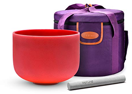 TOPFUND Cuenco tibetano de cristal rojo de 8 pulgadas, 432 Hz, con funda de transporte de cuero artificial y mazo de gamuza