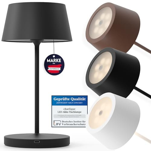 charlique® LED Tischlampe kabellos (schwarz) - Dinner Light 24 cm - Akku Tischleuchte mit USB, für innen und außen, warmes Licht - wetterfest für Balkon, Terrasse & Garten