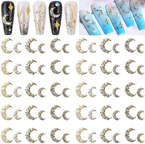 RUNRAYAY 60Pcs 3D Moon Nail Art Charms, Colorful & Pearl & Crystal Elegant Nail Studs Diamonds for Nail Accessories, Nail Jewelry Decoration for DIY Crafts Nail Decor