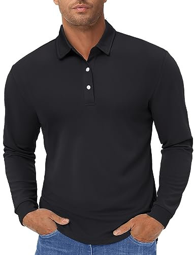 TACVASEN Mens Long Sleeve Polo Shirts Running T Shirts Lightweight T Shirt Quick Dry Sport Tops Black,2XL